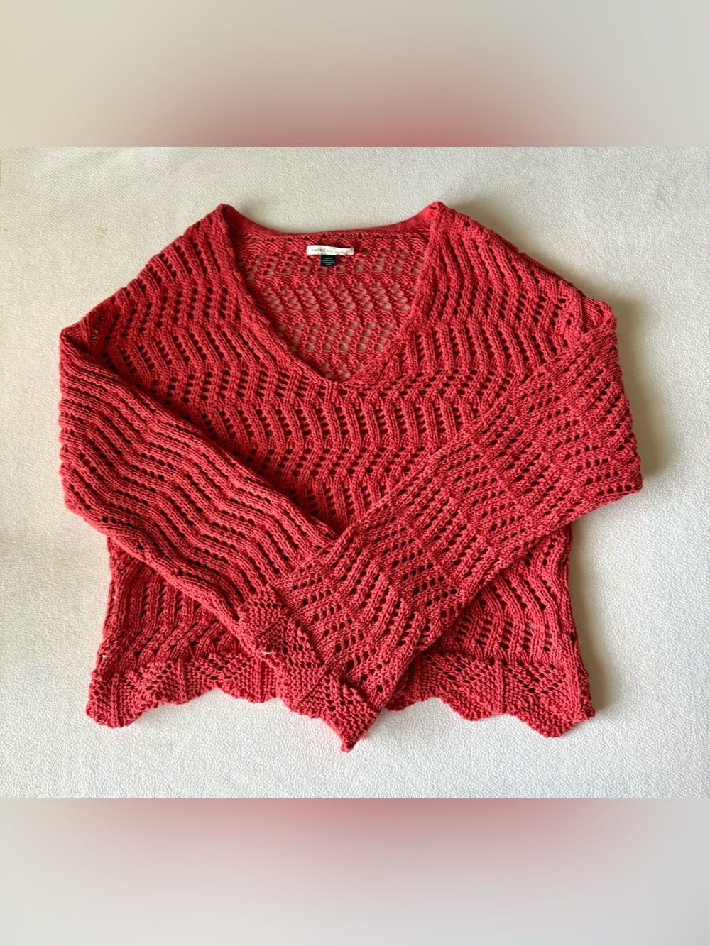 Watermelon Red American Eagle Outfitters Open-Knit V-Neck Sweater